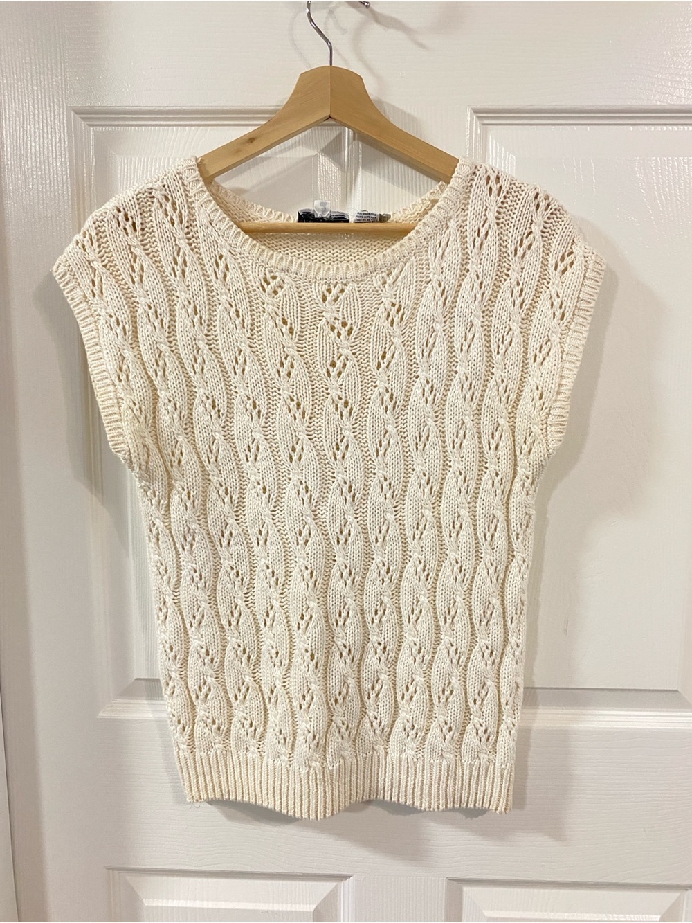 Cream Crewneck Knit Cap-Sleeve Sweater Vest Top M Vintage Y2K Fall Cottagecore